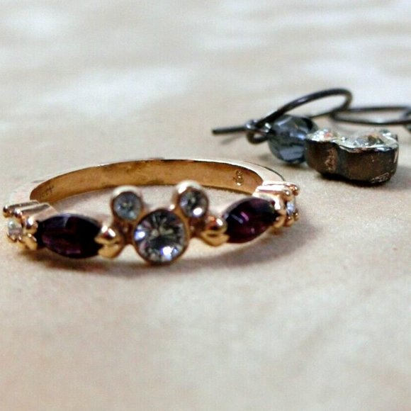 Disney Parks Vintage Mickey Mouse Swarovski Purple Gold Tone Ring Earring Size 6 - Picture 4 of 8